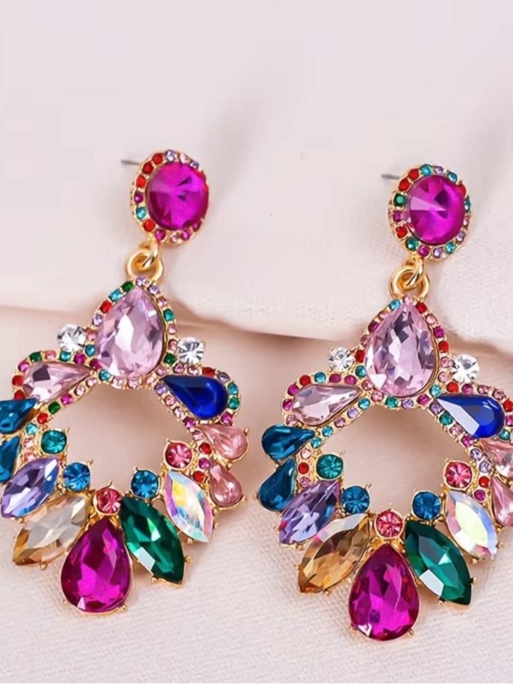 New Multicolor Crystal Teardrop Statement Earrings - Bold Pink Accent
